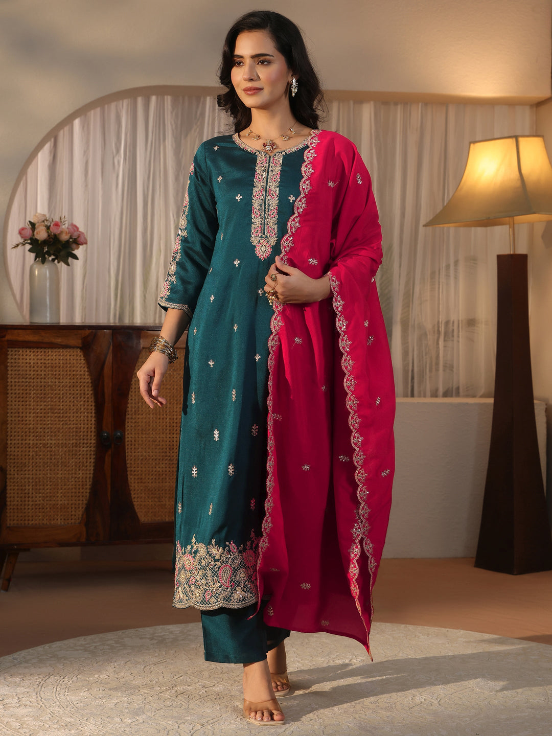 Libas Blue Floral Embroidered Chanderi Silk Straight Suit Set
