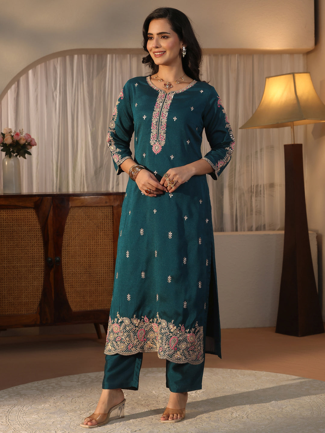 Libas Blue Floral Embroidered Chanderi Silk Straight Suit Set