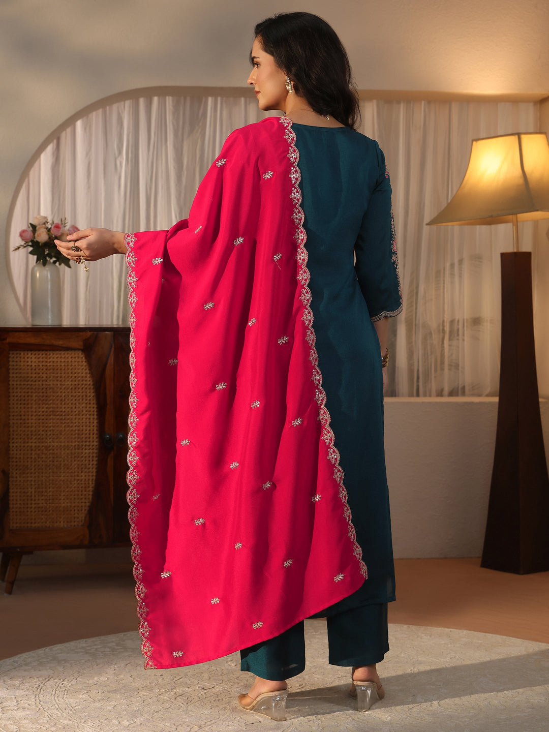 Libas Blue Floral Embroidered Chanderi Silk Straight Suit Set