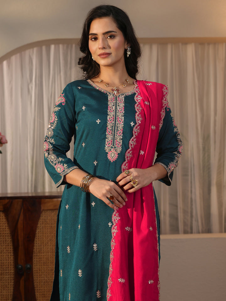 Libas Blue Floral Embroidered Chanderi Silk Straight Suit Set