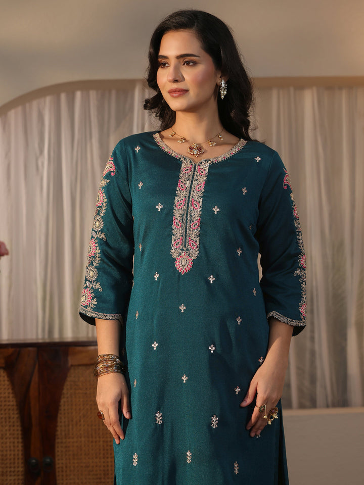 Libas Blue Floral Embroidered Chanderi Silk Straight Suit Set
