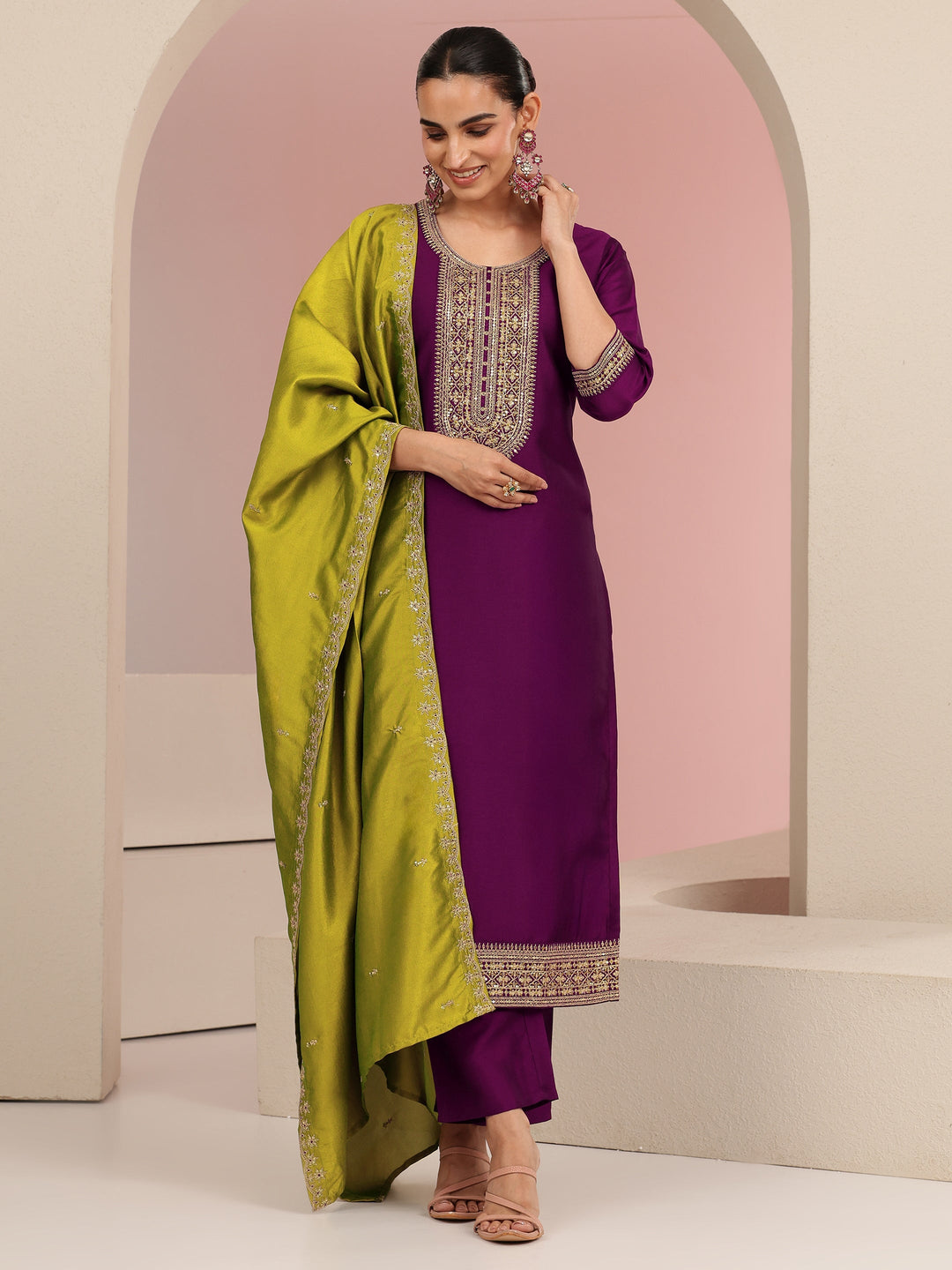 Libas Burgundy Embroidered Chanderi Silk Straight Suit Set