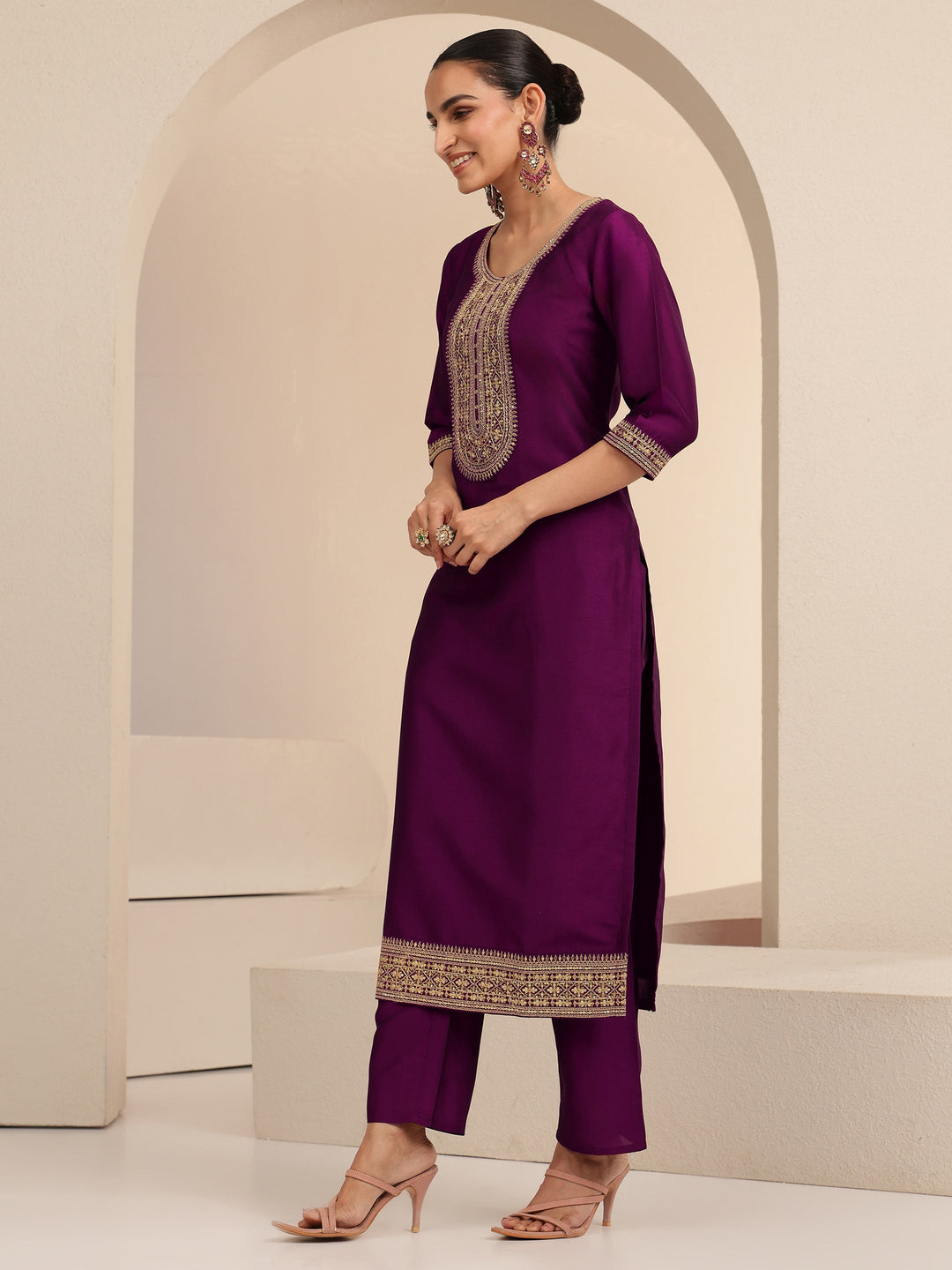 Libas Burgundy Embroidered Chanderi Silk Straight Suit Set