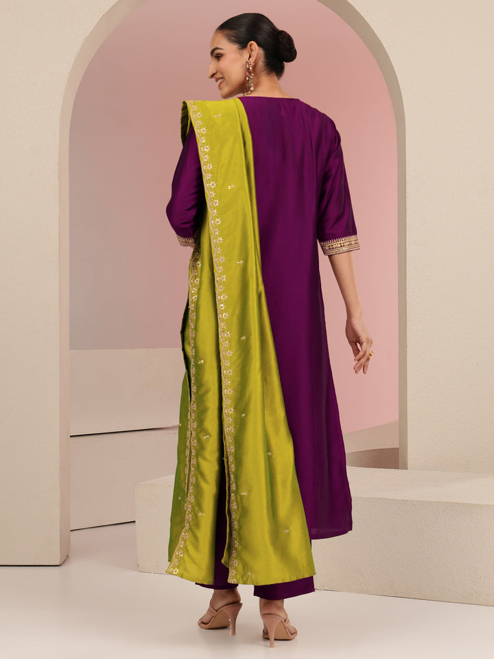 Libas Burgundy Embroidered Chanderi Silk Straight Suit Set