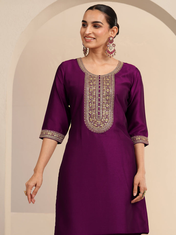 Libas Burgundy Embroidered Chanderi Silk Straight Suit Set