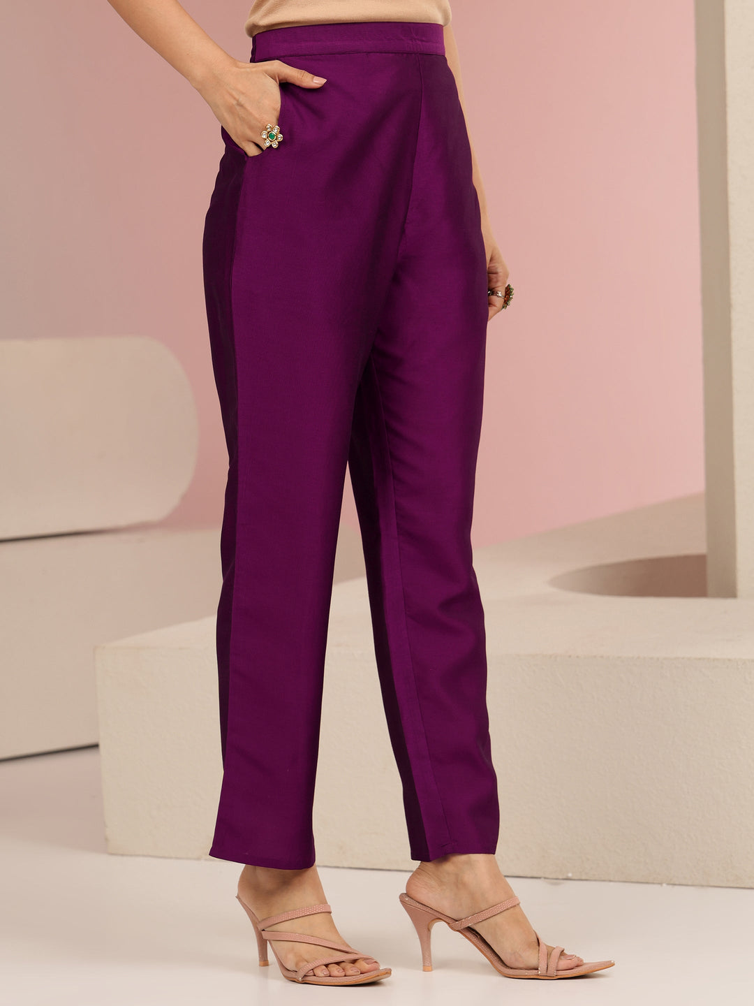 Libas Burgundy Embroidered Chanderi Silk Straight Suit Set