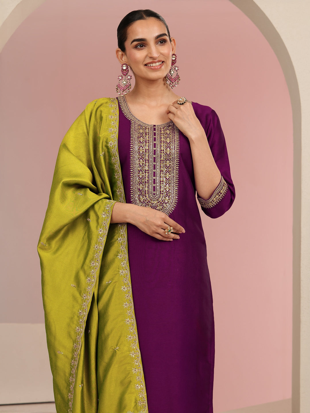 Libas Burgundy Embroidered Chanderi Silk Straight Suit Set