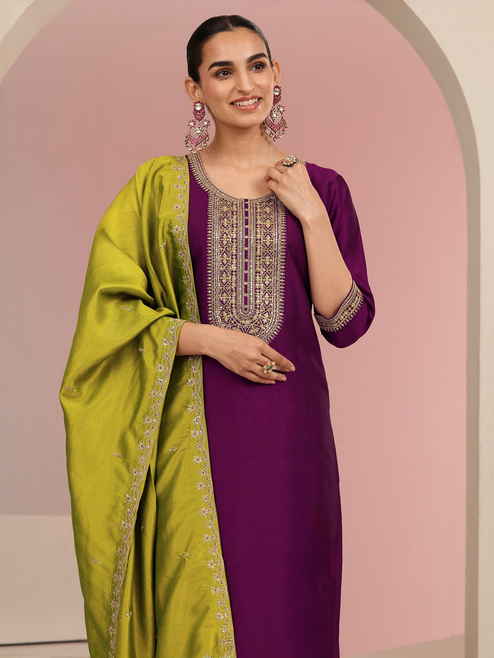 Libas Burgundy Embroidered Chanderi Silk Straight Suit Set