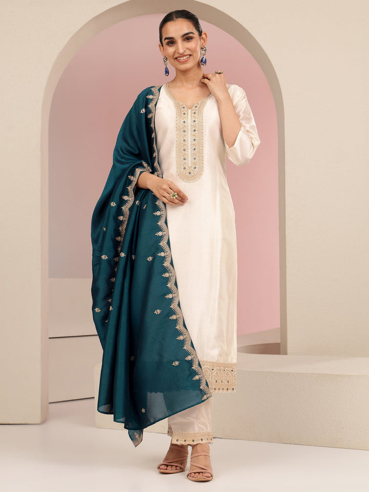Libas Cream Embroidered Chanderi Silk Straight Suit Set