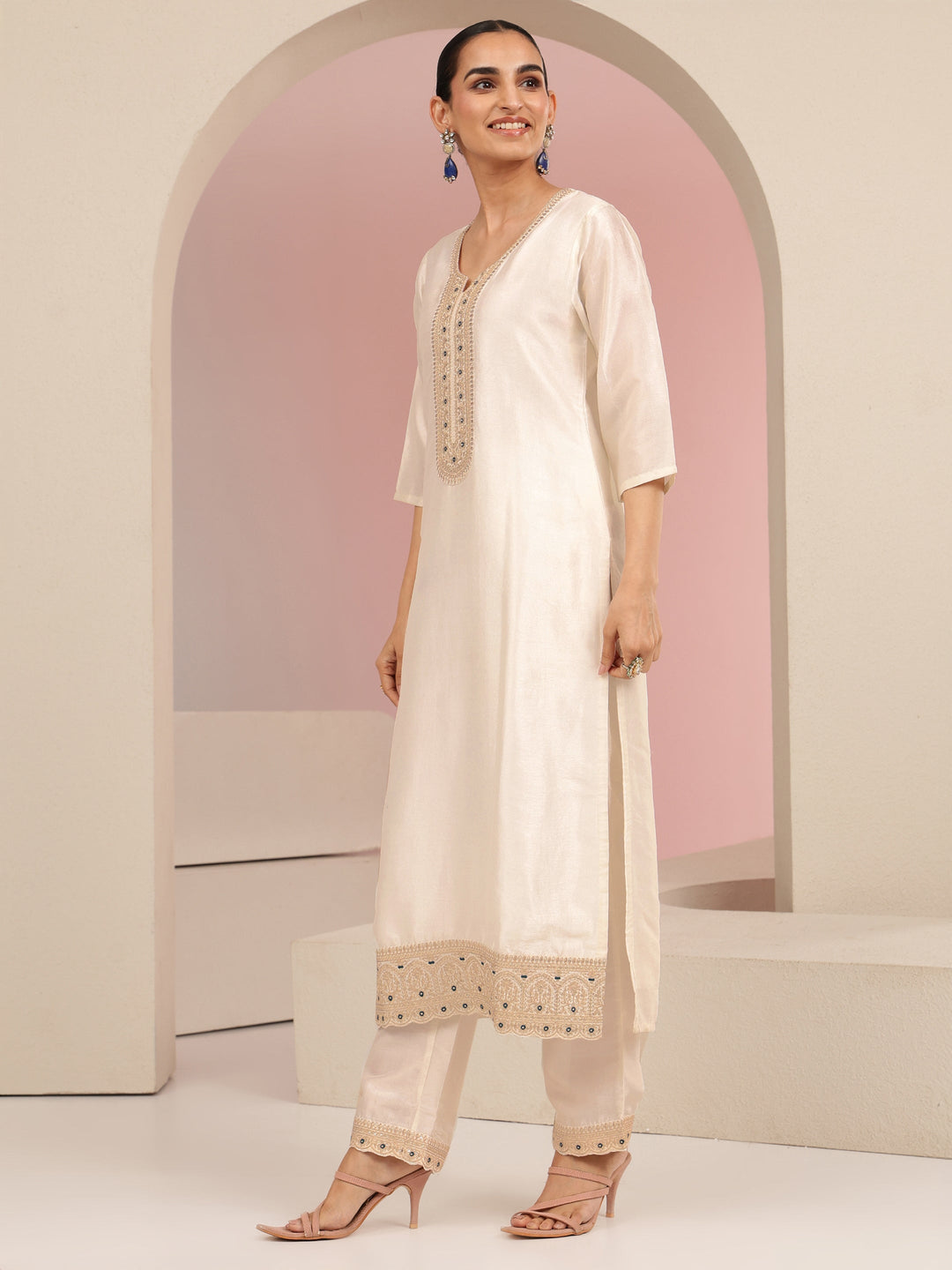 Libas Cream Embroidered Chanderi Silk Straight Suit Set