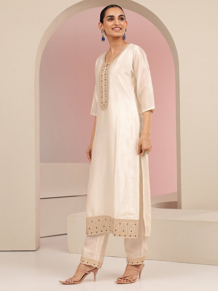 Libas Cream Embroidered Chanderi Silk Straight Suit Set