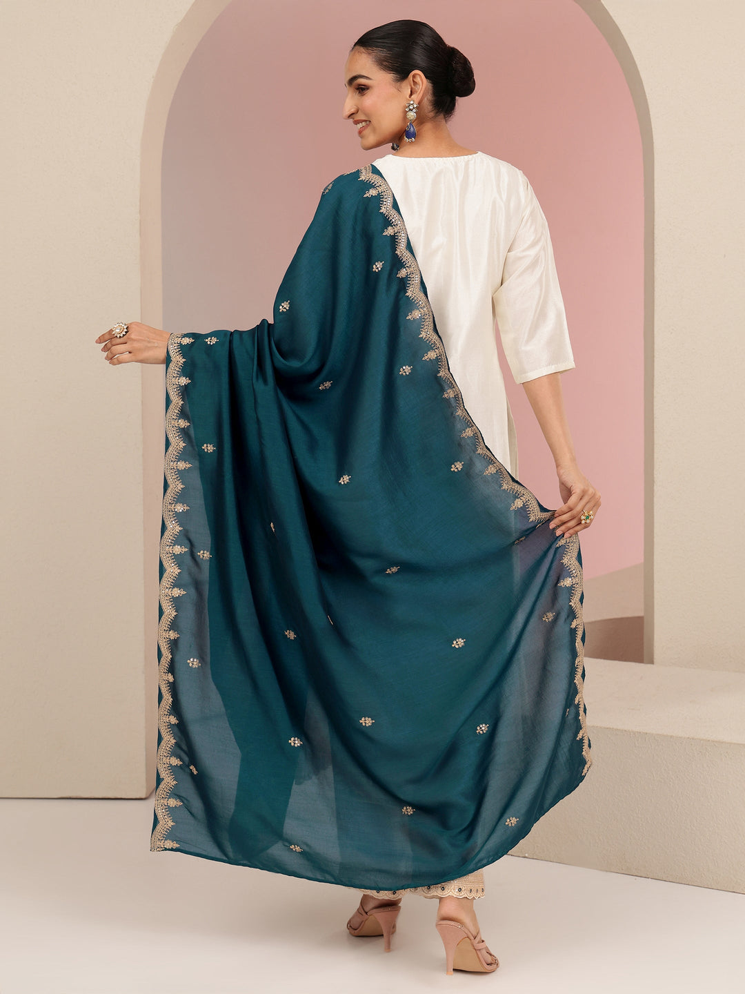 Libas Cream Embroidered Chanderi Silk Straight Suit Set