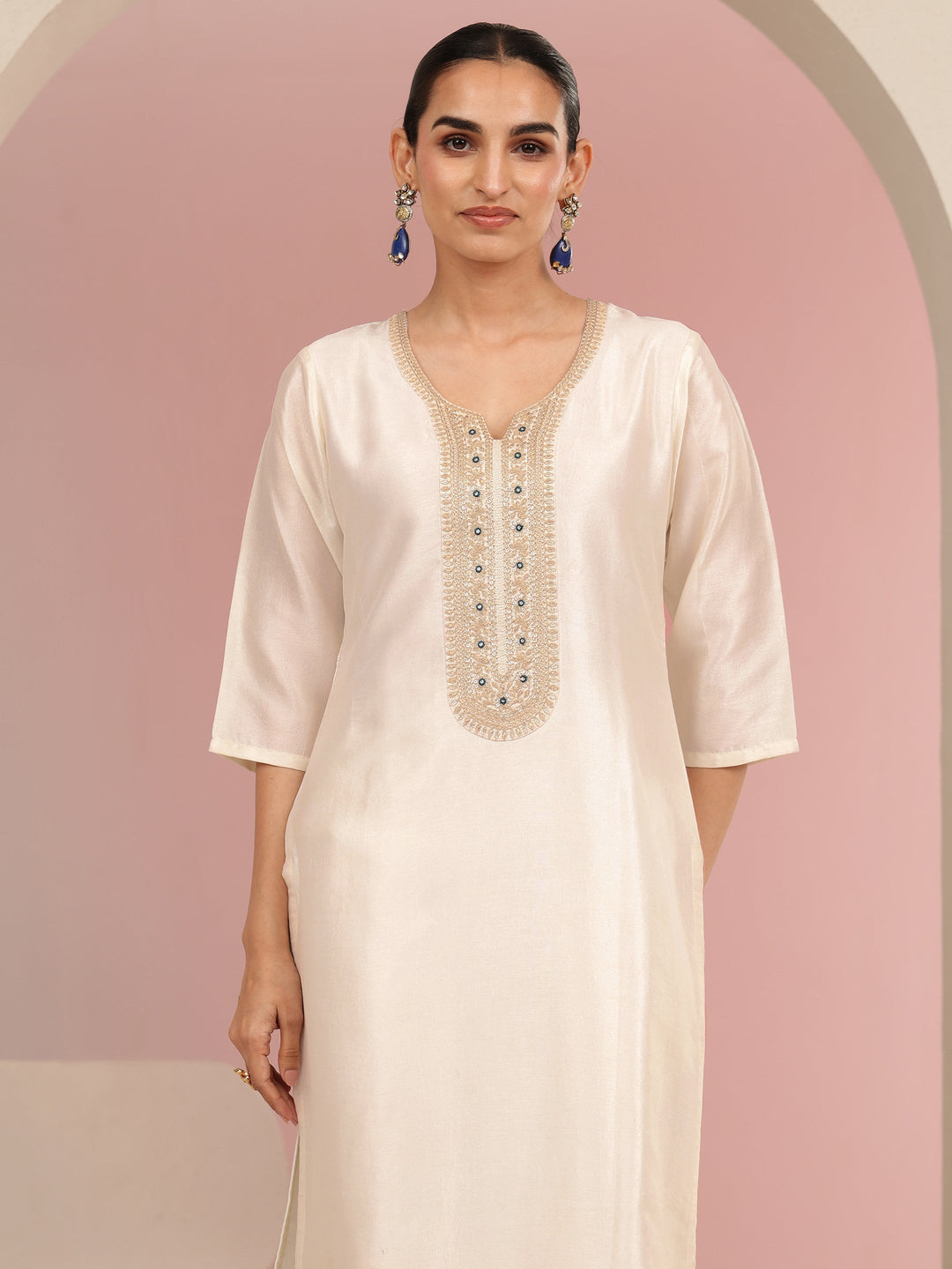 Libas Cream Embroidered Chanderi Silk Straight Suit Set