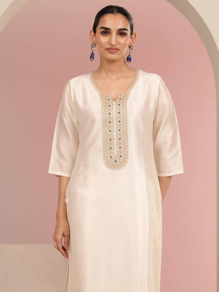 Libas Cream Embroidered Chanderi Silk Straight Suit Set