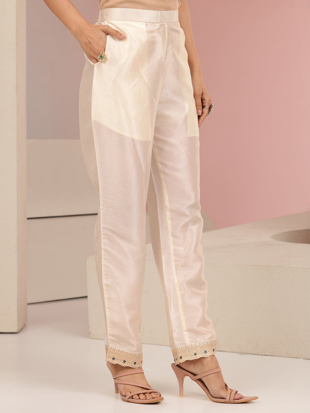 Libas Cream Embroidered Chanderi Silk Straight Suit Set