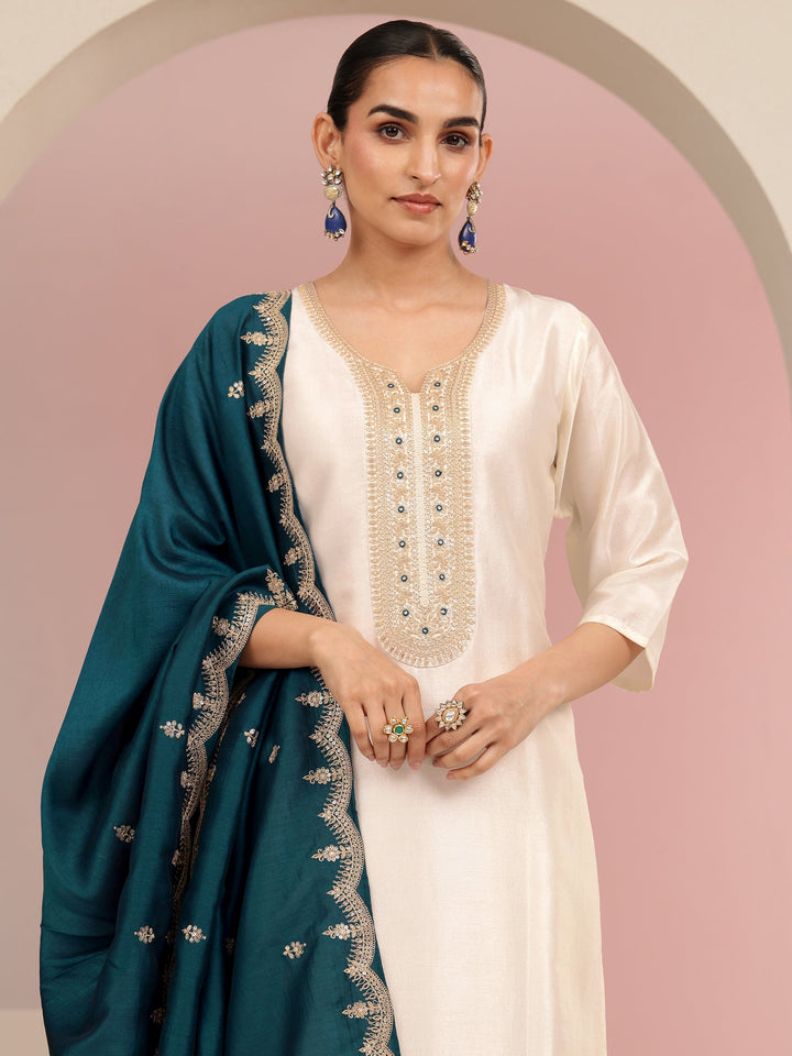 Libas Cream Embroidered Chanderi Silk Straight Suit Set