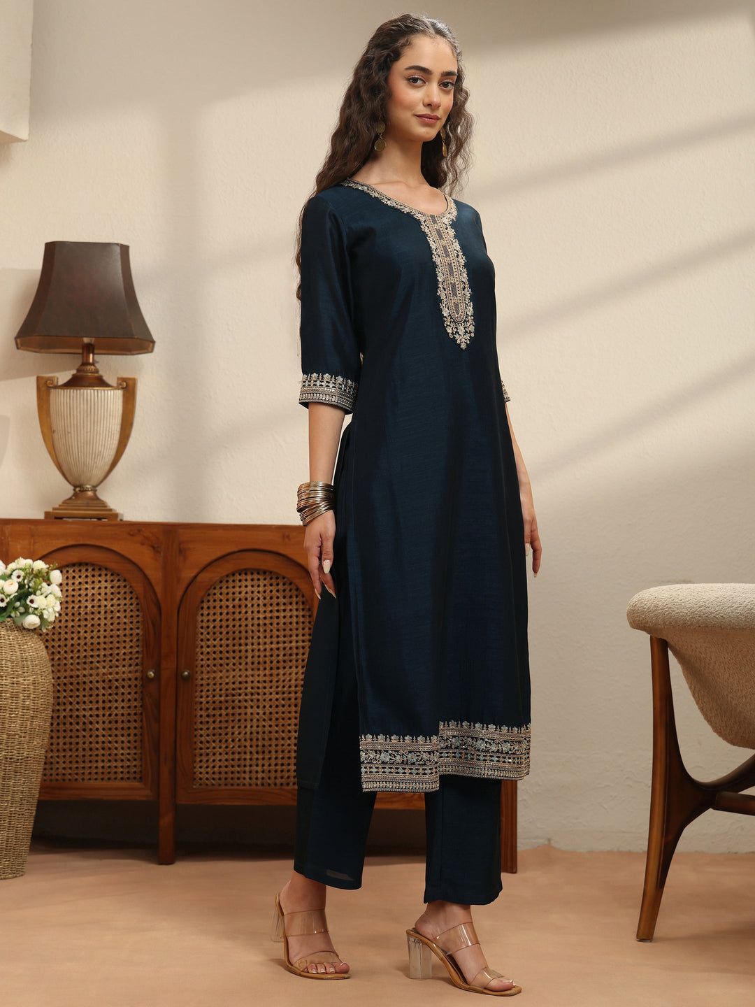 Navy Yoke Embellished Chanderi Silk Straight Suit Set