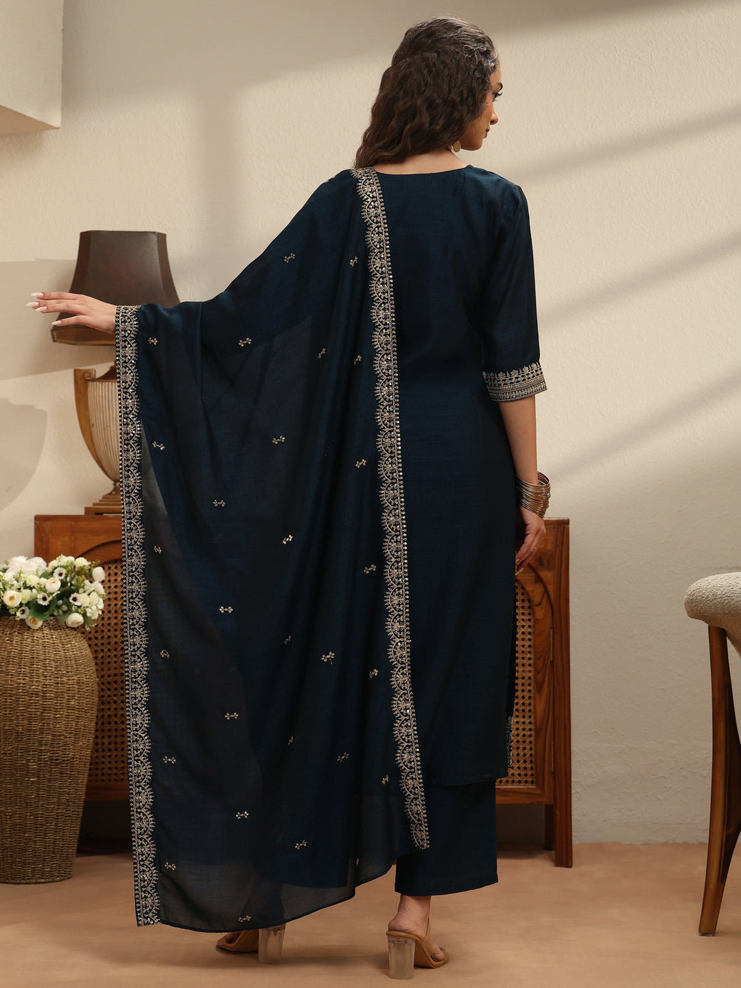 Navy Yoke Embellished Chanderi Silk Straight Suit Set