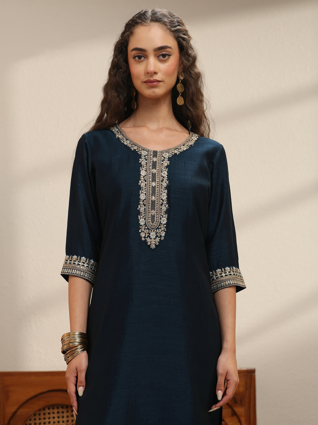 Navy Yoke Embellished Chanderi Silk Straight Suit Set