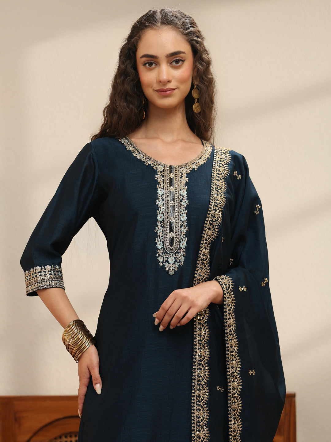 Navy Yoke Embellished Chanderi Silk Straight Suit Set