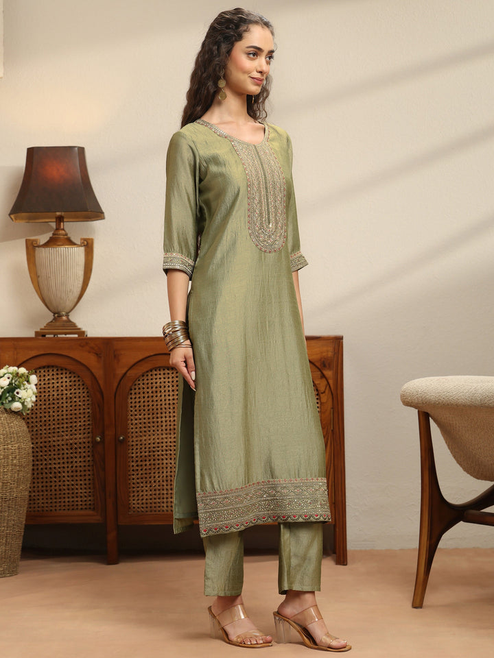 Sap Green Yoke Embellished Chanderi Silk Straight Suit Set