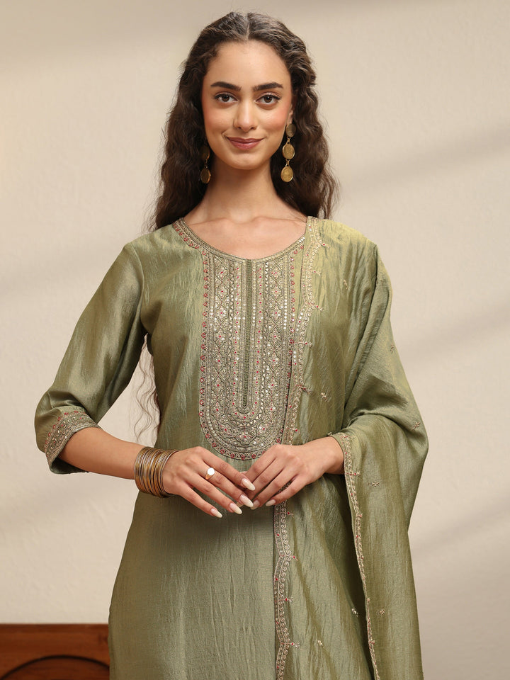 Sap Green Yoke Embellished Chanderi Silk Straight Suit Set