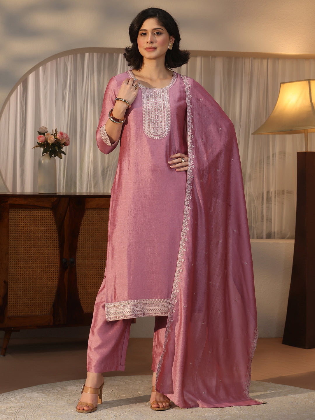 Libas Mauve Yoke Design Embroidered Chanderi Silk Straight Suit Set