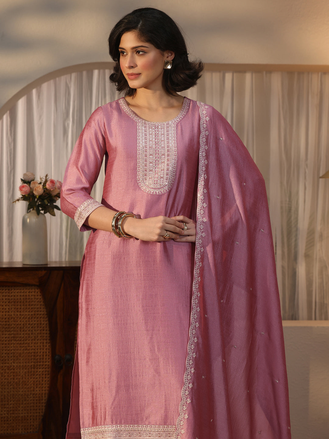 Libas Mauve Yoke Design Embroidered Chanderi Silk Straight Suit Set