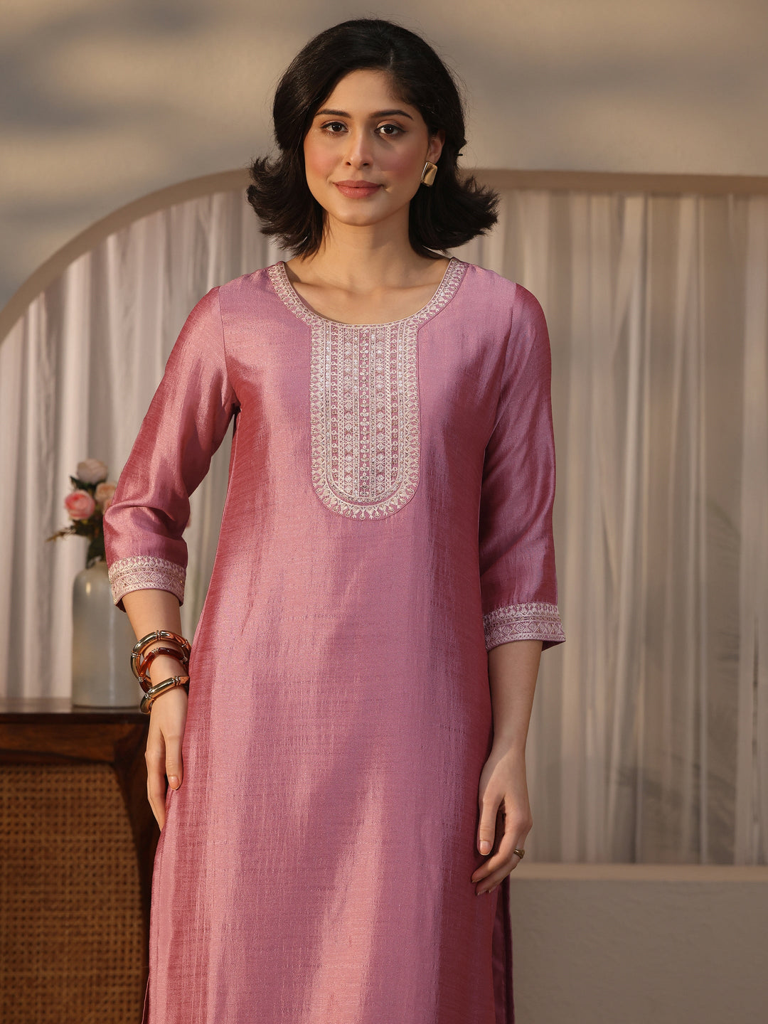 Libas Mauve Yoke Design Embroidered Chanderi Silk Straight Suit Set