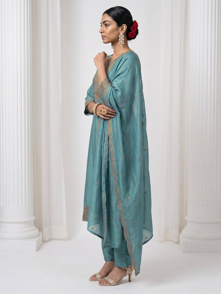 Libas Aqua Blue Yoke Design Chanderi Silk Straight Suit Set