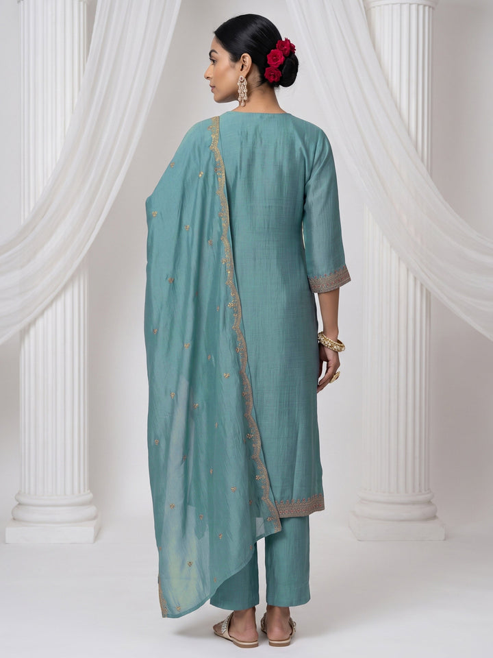 Libas Aqua Blue Yoke Design Chanderi Silk Straight Suit Set