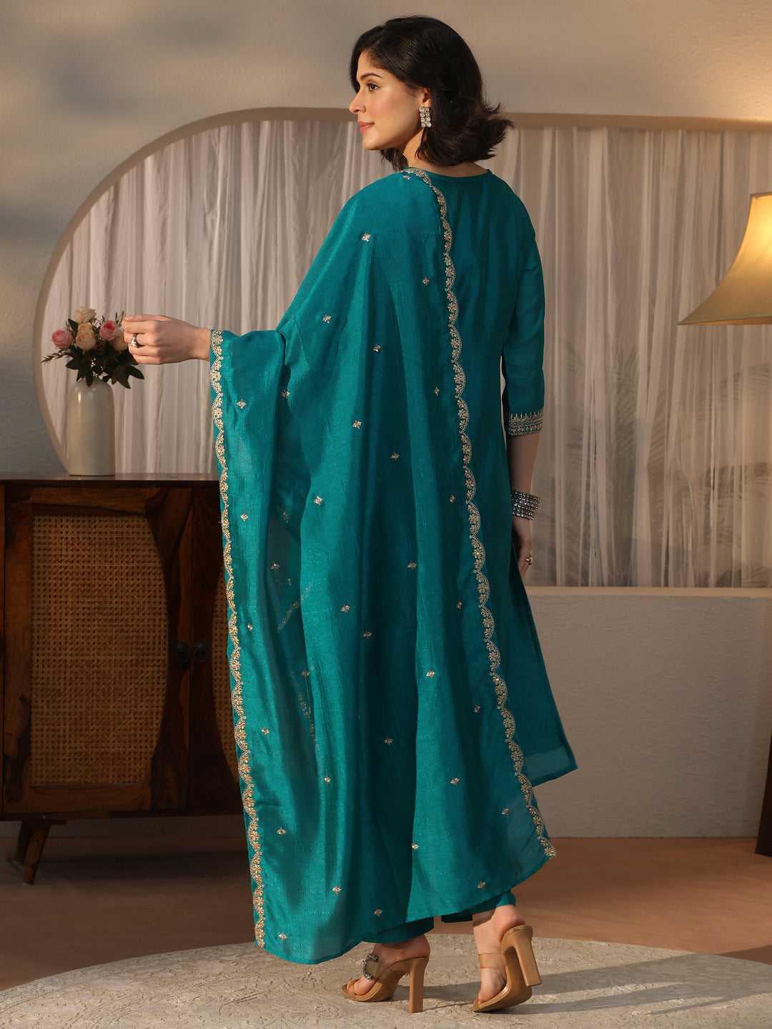 Libas Teal Blue Embroidered Chanderi Silk Straight Suit Set