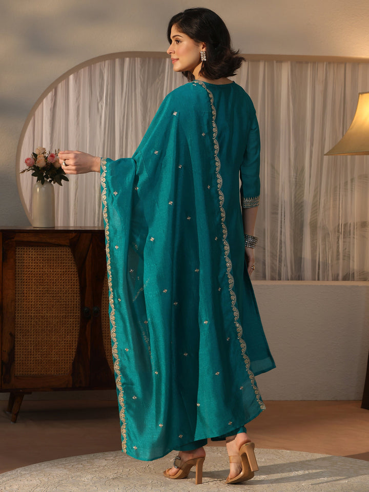 Libas Teal Blue Embroidered Chanderi Silk Straight Suit Set