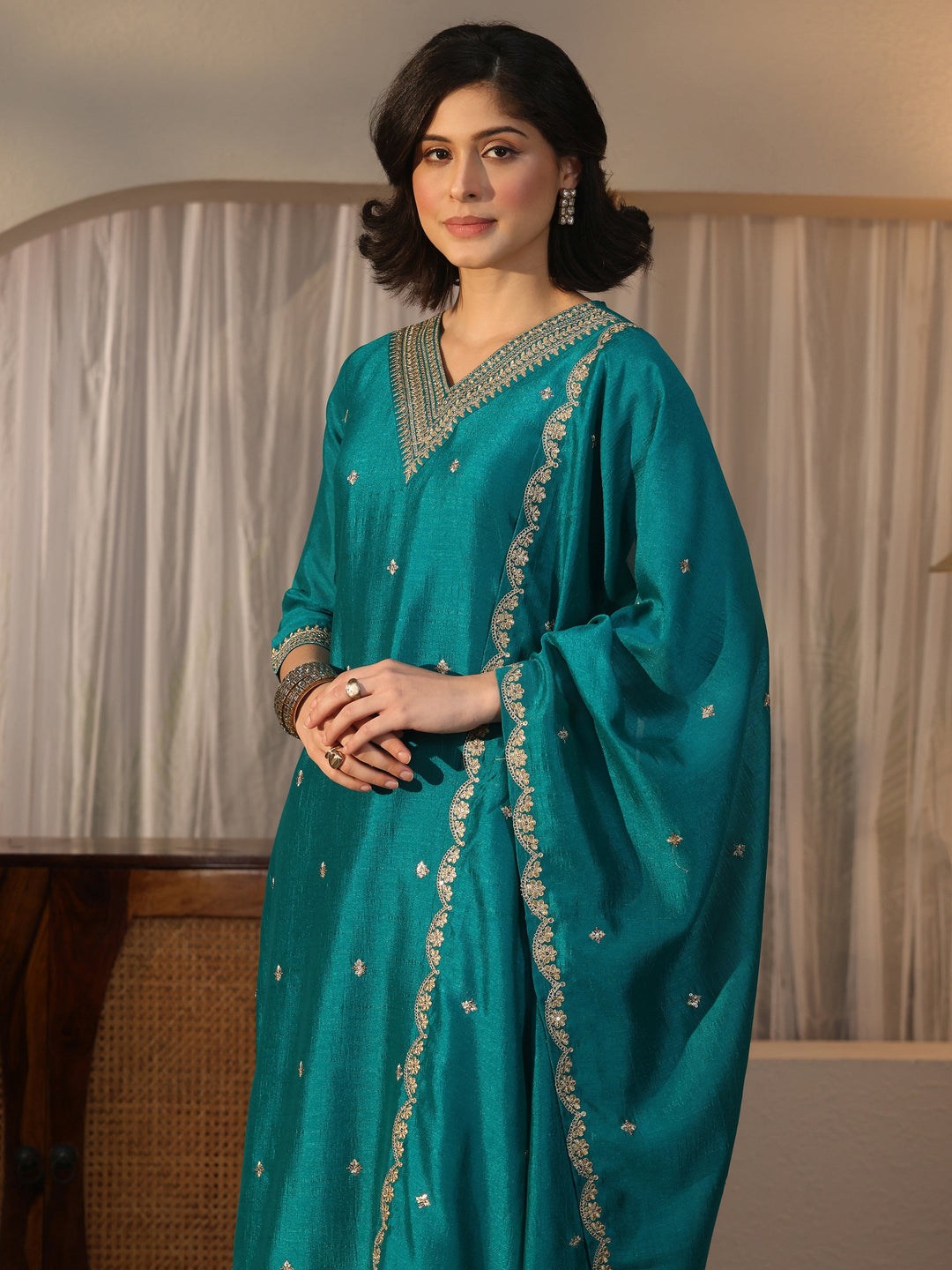 Libas Teal Blue Embroidered Chanderi Silk Straight Suit Set