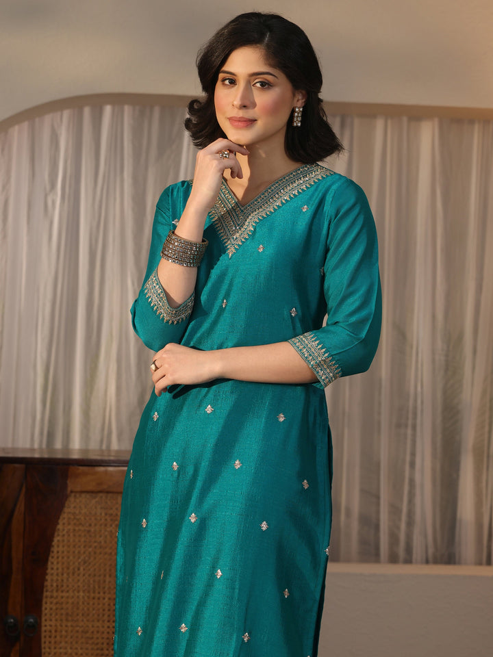 Libas Teal Blue Embroidered Chanderi Silk Straight Suit Set