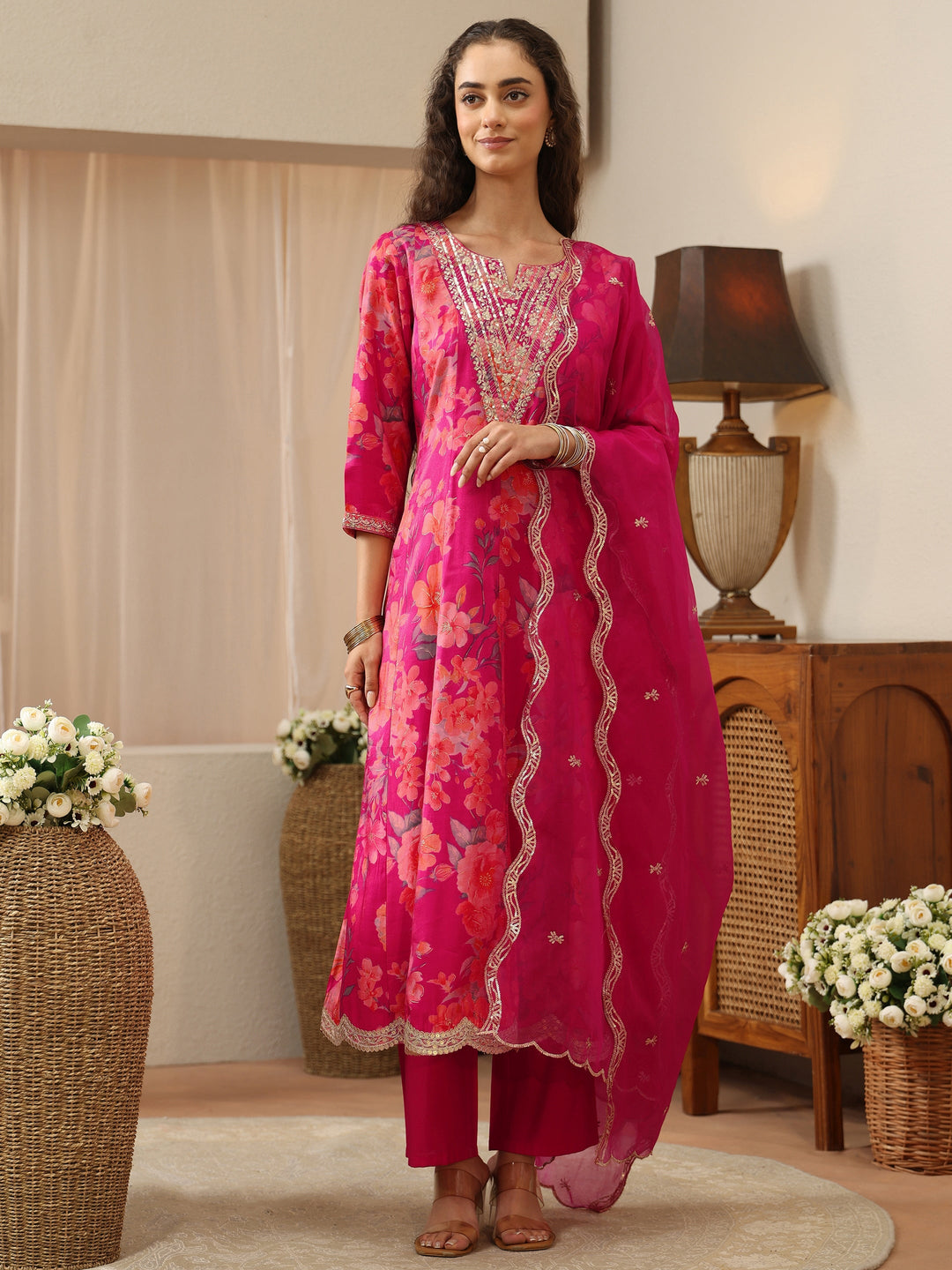 Pink Floral Printed Silk Blend Suit Set