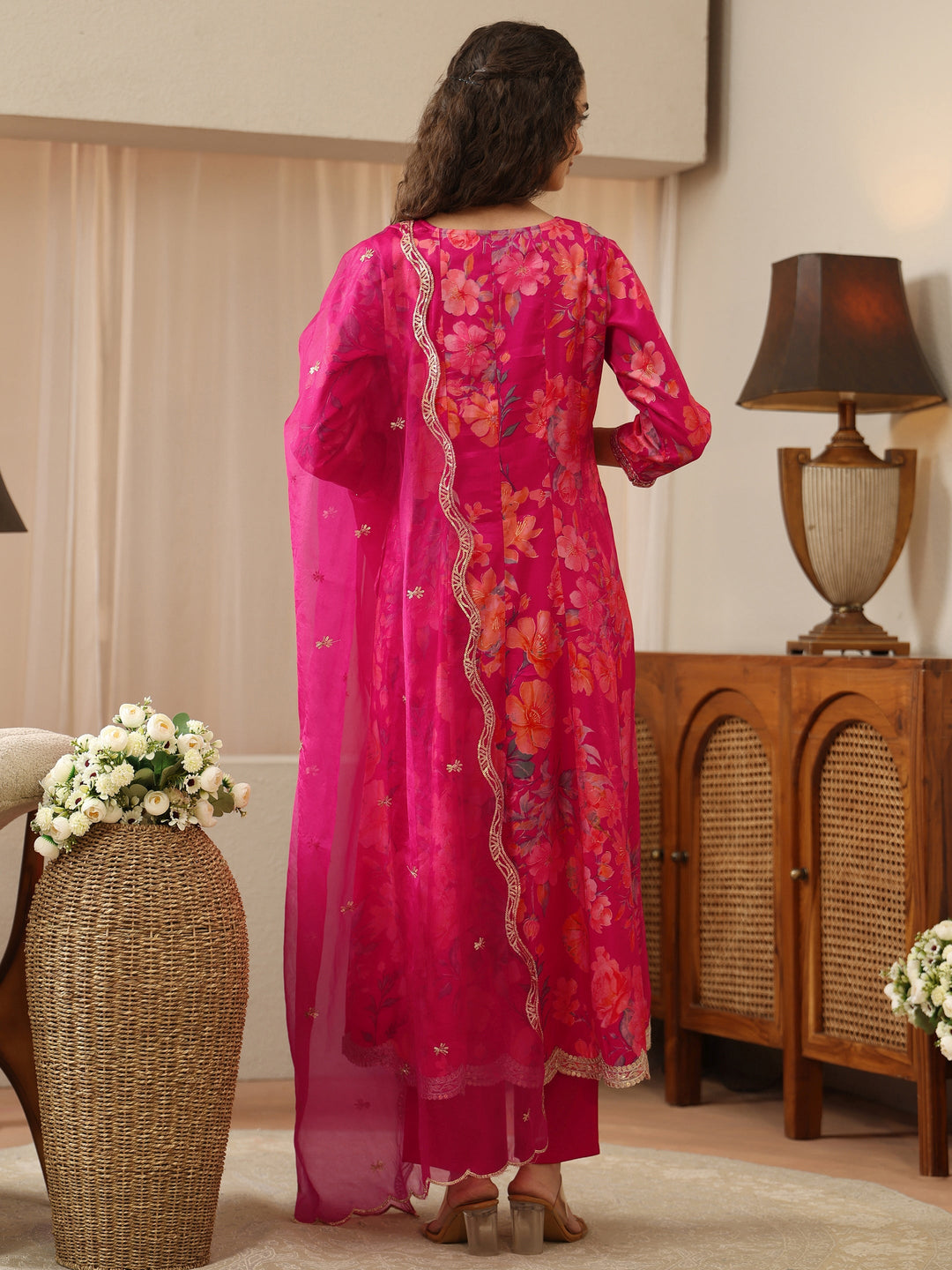 Pink Floral Printed Silk Blend Suit Set