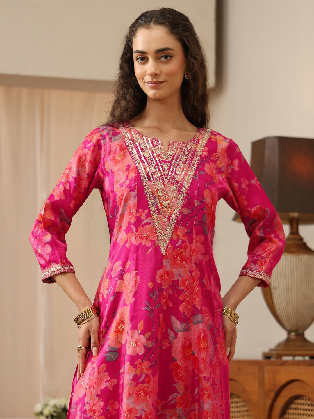 Pink Floral Printed Silk Blend Suit Set