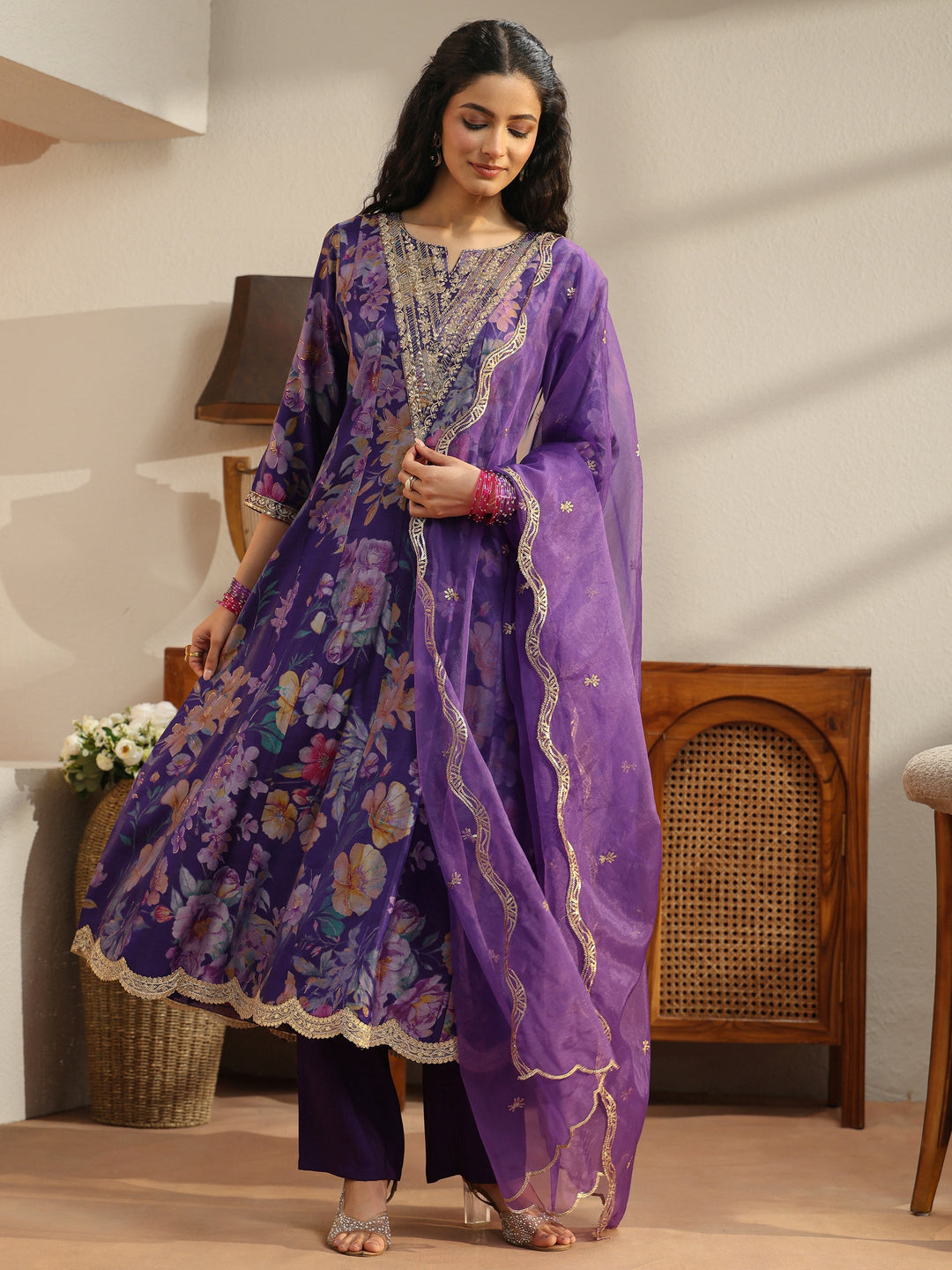Purple Floral Printed Silk Blend Suit Set