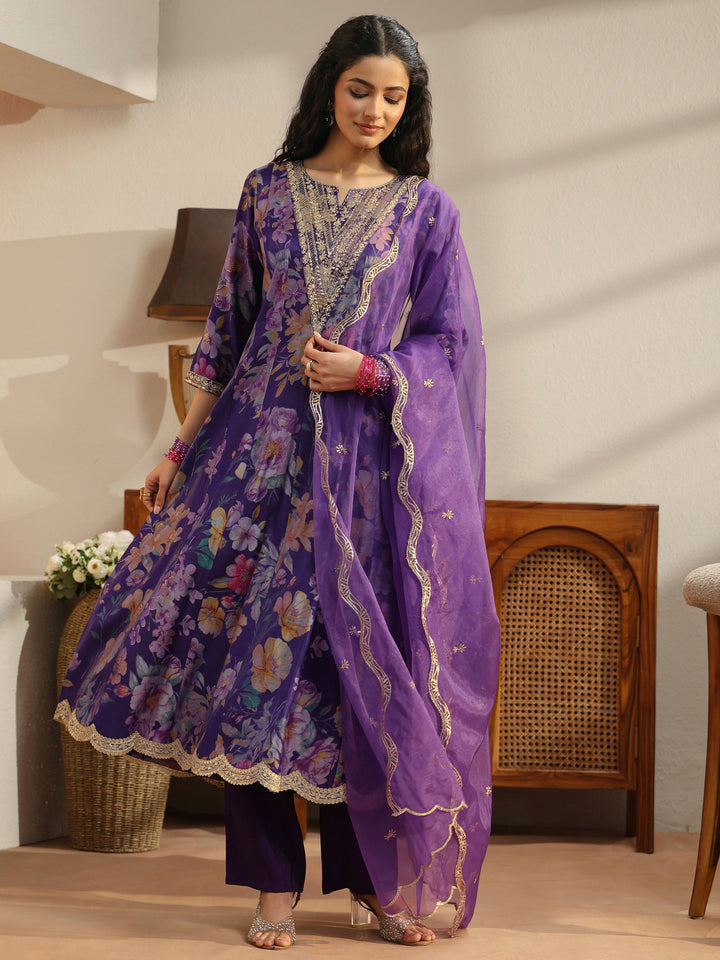 Purple Floral Printed Silk Blend Suit Set