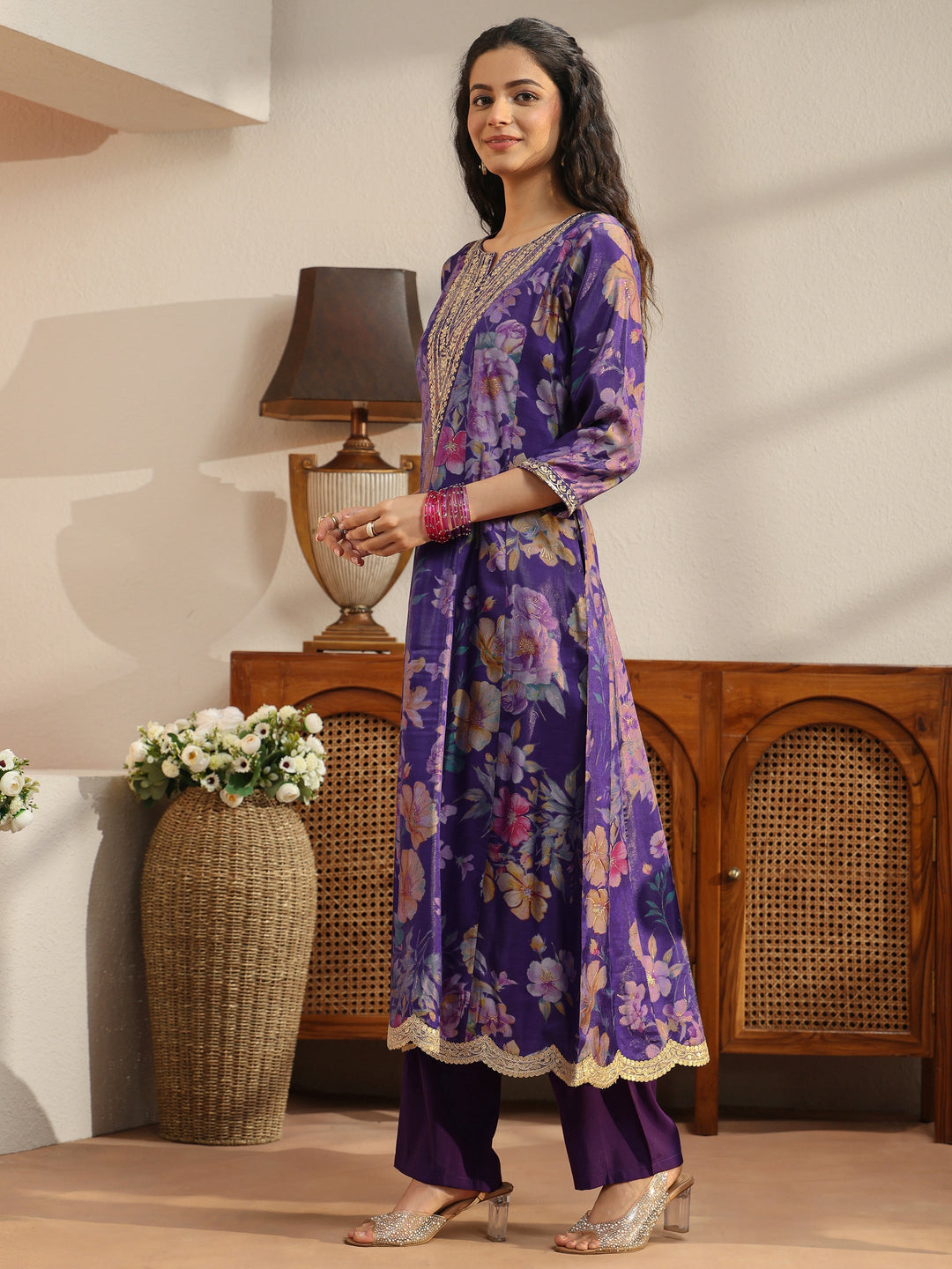 Purple Floral Printed Silk Blend Suit Set
