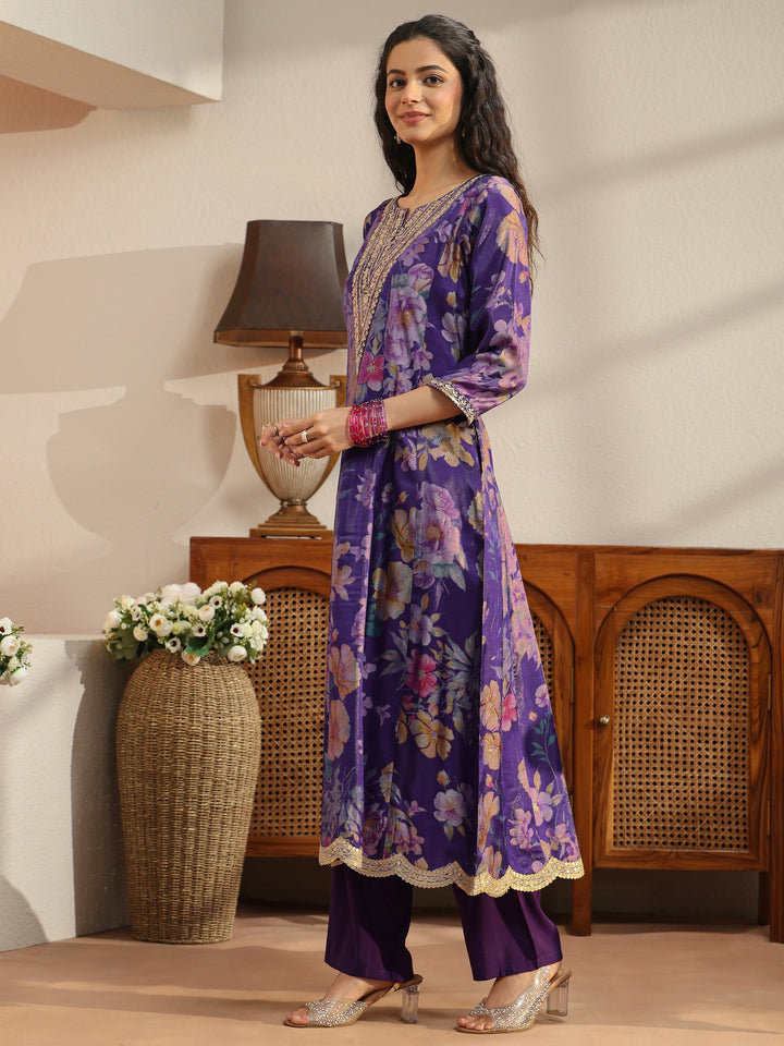 Purple Floral Printed Silk Blend Suit Set