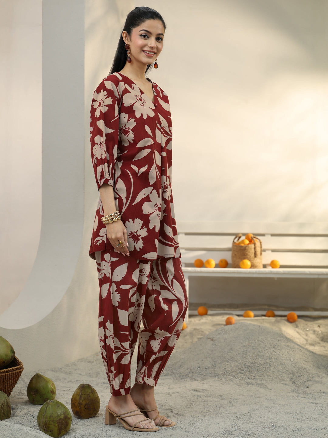Brown Floral Printed Cotton Co-Ord Set