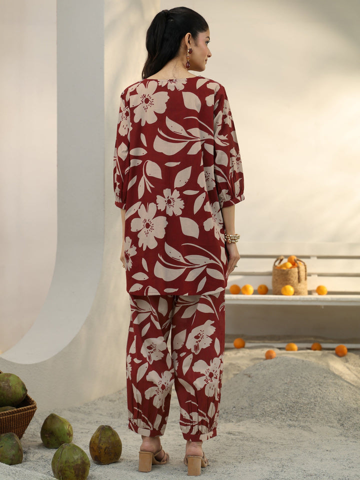 Brown Floral Printed Cotton Co-Ord Set