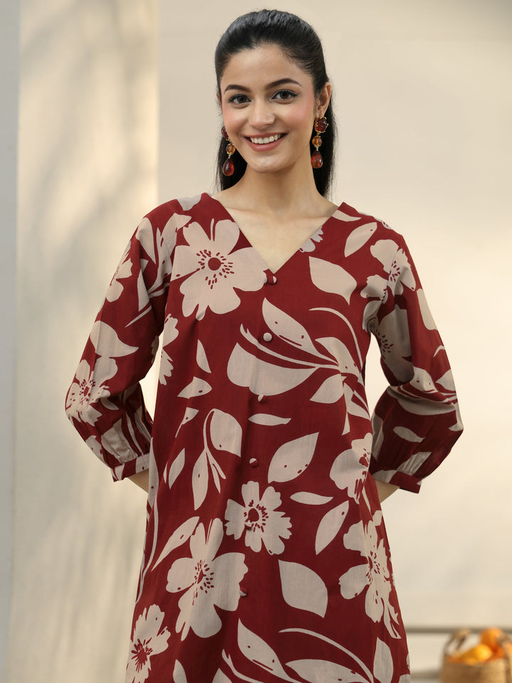 Brown Floral Printed Cotton Co-Ord Set