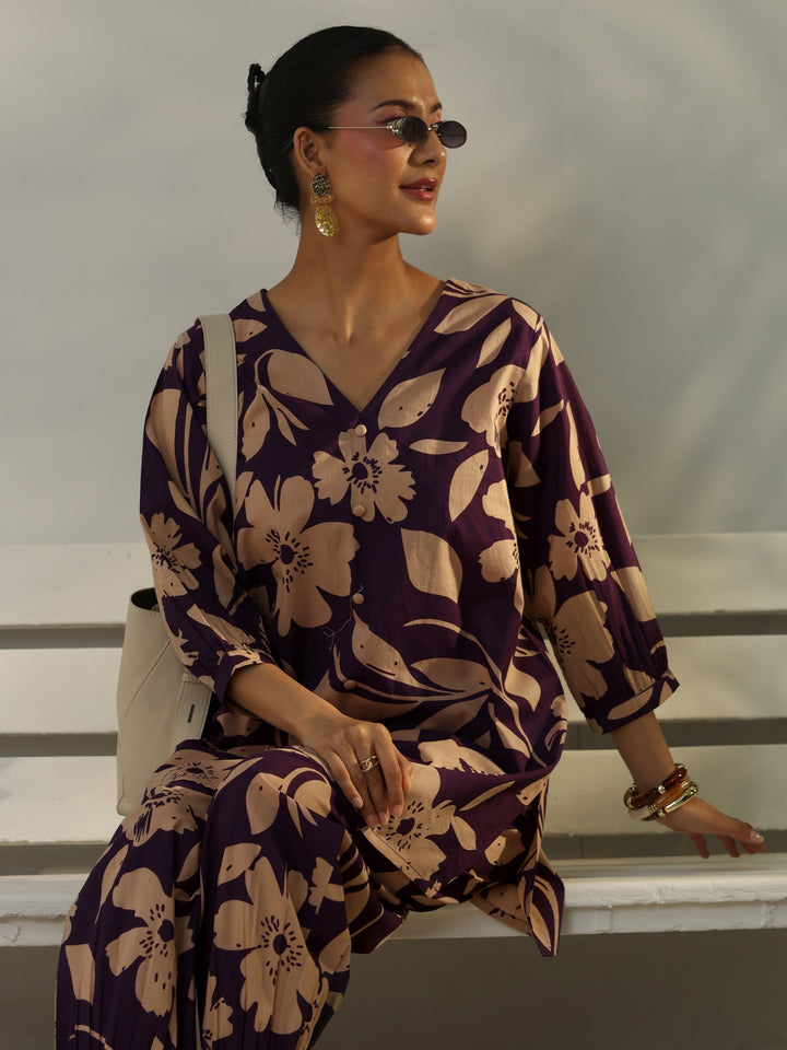 Purple Floral Printed Cotton Co-Ord Set