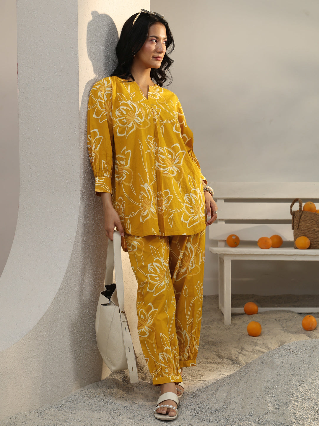 Mustard Floral Printed Cotton Co-Ord Set