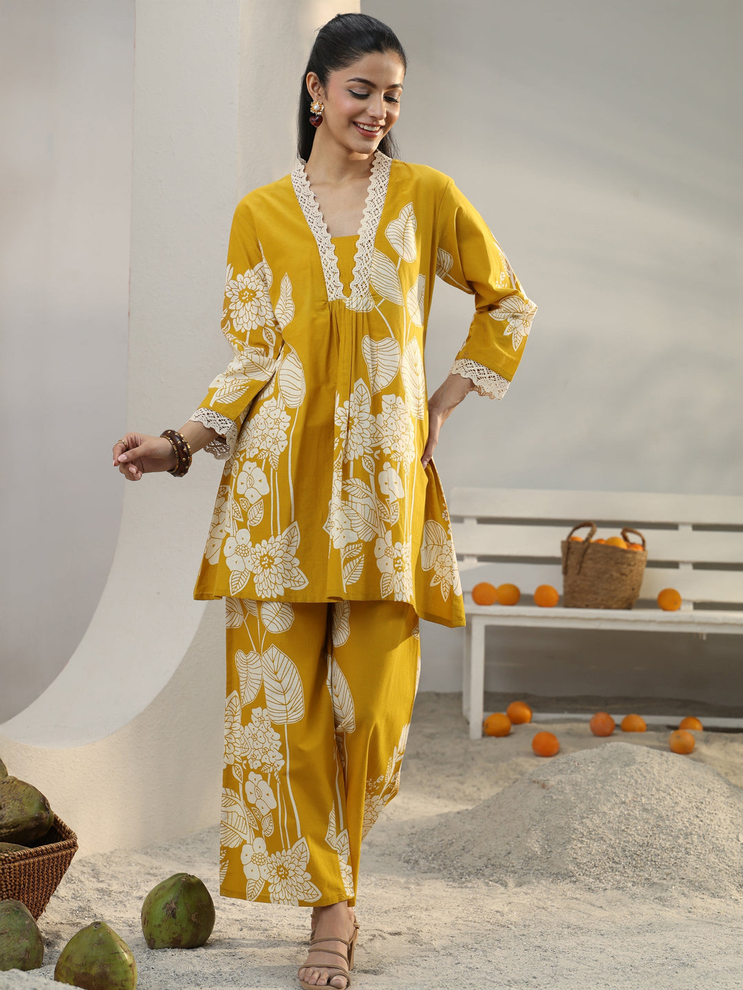 Mustard Floral Printed Cotton Co-Ord Set