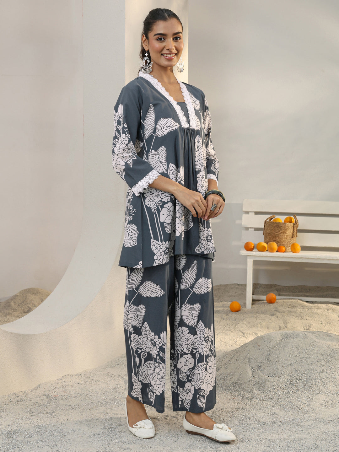 Grey Floral Printed Cotton Co-Ord Set