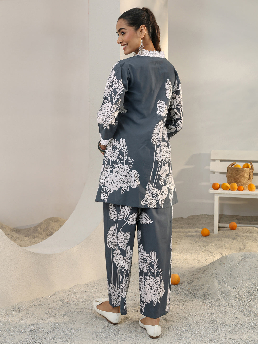 Grey Floral Printed Cotton Co-Ord Set